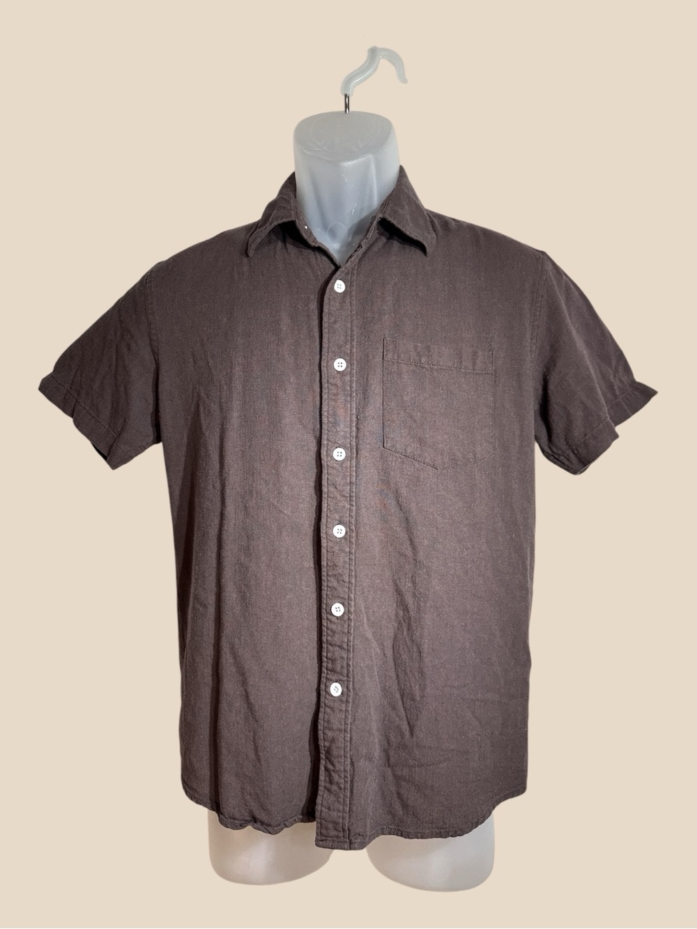 Tobacco Brown Rayon Linen Blend Short Sleeve Button Down Casual Shirt Size Small